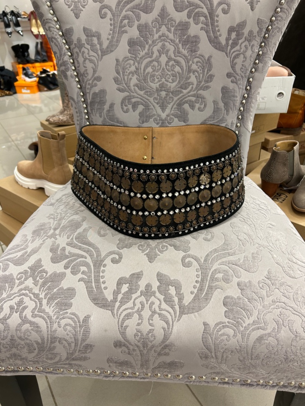 OSCAR DE LA RENTA Studded Black and Brown Lather Decorative Wide Waist Belt